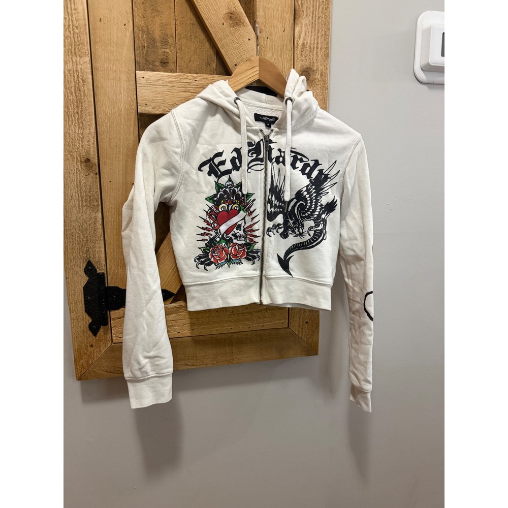 Ed Hardy Y2K White Cropped Zip Up Hoodie Tattoo Graphic Panther Heart Medium